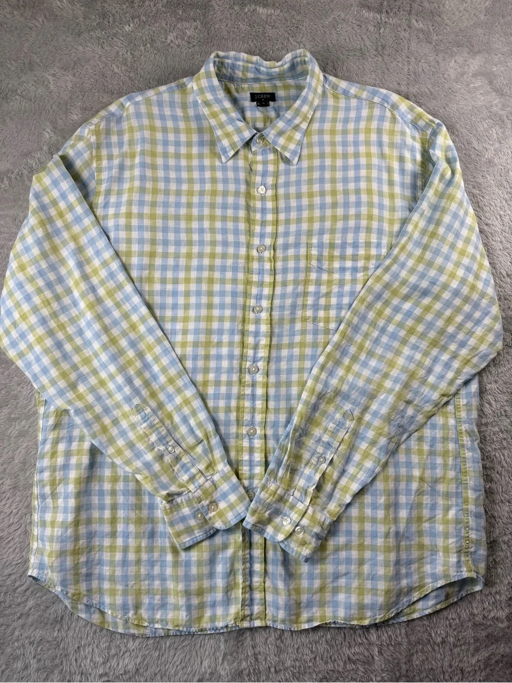 J.Crew 100% Linen Plaid Button Down Shirt XL‎ Blue Green